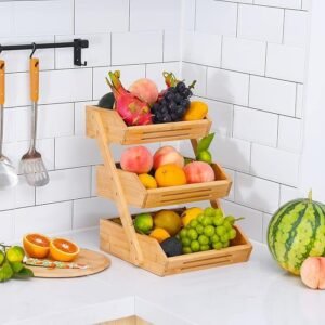 Panier à fruits et légumes en bambou à 3 niveaux .